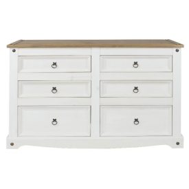 White Wide Chest of 6 Drawers Pine Top [Corona]