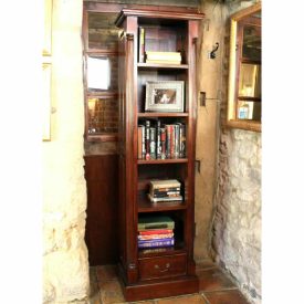 Solid Mahogany Tall Narrow Bookcase, Bottom Drawer