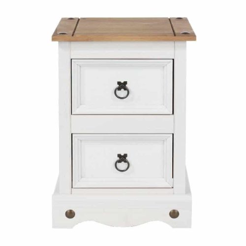 White Small Bedside Cabinet Pine Top 2 Drawers [Corona]