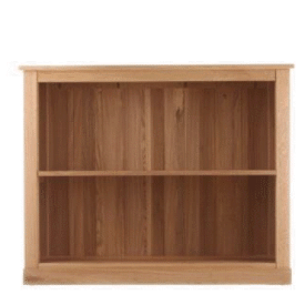 Low, single shelf bookcase in solid oak. 360 degree view.