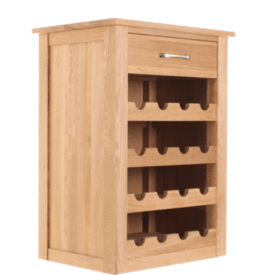 16 bottle wine rack with accessories drawer. Solid oak, 360 degree view.