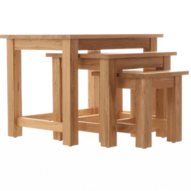 Nest of 3 tables in solid oak. 360 degree view with animation.