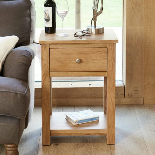 Solid Oak Lamp Table or Bedside Cabinet, 1 Drawer