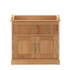 COR20C Solid oak shoe bench with lift up lid and cupboard. 360 degree GIF.
