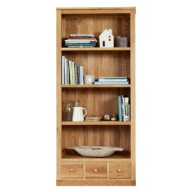 Large Bookcase, 4 Shelves & 3 Drawers, Solid Oak, Assembled