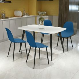 White Rectangle Table & 4 Blue Curve Chairs [Aspen]