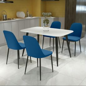 White Rectangle Table & 4 Blue Duo Chairs [Aspen]
