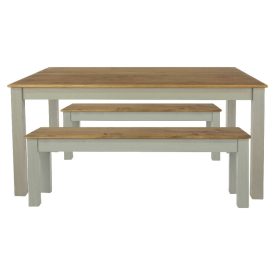 Large dining table and benches, pine and grey, white background.