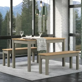 Small table and 2 small benches dining set. Sitting by a large floor to ceiling window.