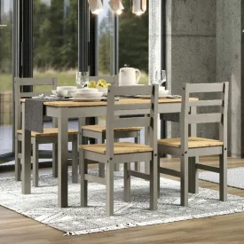 Modern grey and pine dining 4 person set, sitting beside a large window that overlooks a garden.