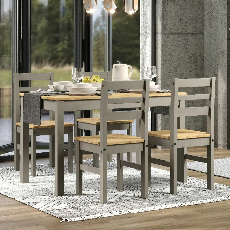CRGTB5set3-1 Modern grey and pine dining 4 person set, sitting beside a large window that overlooks a garden.