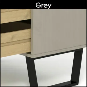 A small grey chest of drawers with black metal legs, the drawers are open.