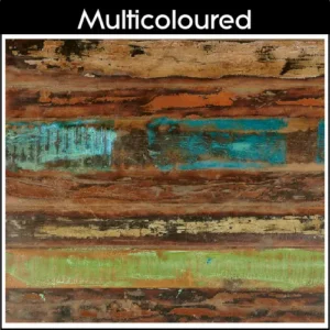 A piece of reclaimed wood, assembled from different coloured pieces.