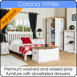 Overview of the Corona White furniture collection.