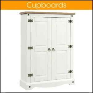 A medium size white cupboard, with black hinges and handles.