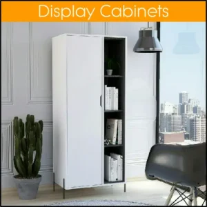 An upright display cabinet with an integrated cupboard, sitting in a high rise apartment.