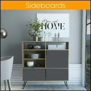 A modern upright sideboard, with some open shelves for display purposed, in a smooth grey finish. There's a plant pot and some ornaments sitting on top of it, and some bowls and plates in the display areas.