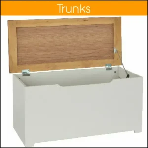A white storage trunk with a pine top, the top is open exposing the hinges and safety stay.