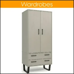 A modern grey wardrobe with 2 full-width bottom drawers. It is sitting on black metal legs that are joined front to back.