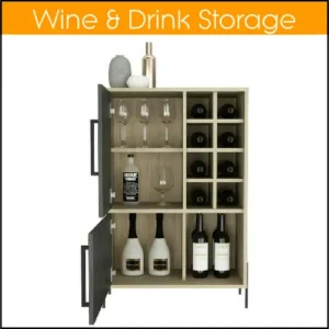 A large cocktail cabinet with its doors open, showing a selection of glasses and bottles of alcohol.