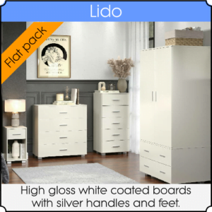 Various items of bedroom furniture and chests of drawers with a gloss white finish.
