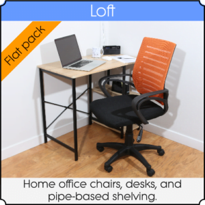 Overview of the Loft furniture range, showing a home office desk and chair, which has an orange back rest.