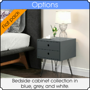 Image showing a blue bedside table, with hair pin legs, sitting beside a bed. There is a lit lamp on it and some ornaments.