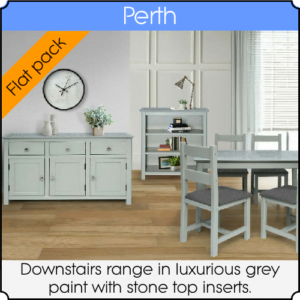 An image showing some downstairs furniture from the Perth range. A sideboard, a bookcase and a table and chairs set.