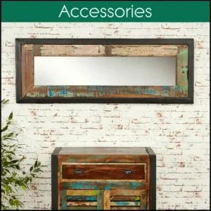 Image of a wall mirror hung above a small sideboard, both made from recycled wood.