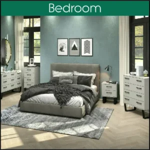 A full bedroom of furniture to show the variety, placed around a bed.