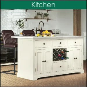 A kitchen island unit,with integrated wine rack, and brown leather high chairs.