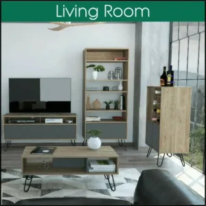 A showroom set up showing various items of living room furniture, there is a large window to the side.