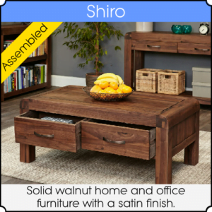 Coffee table, bookcase, and a console table in a living room. From the Shiro range.