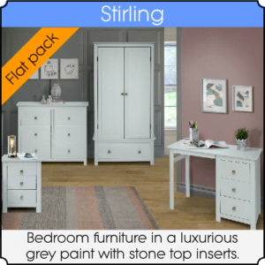 Stirling bedroom furniture items in a showroom setting.