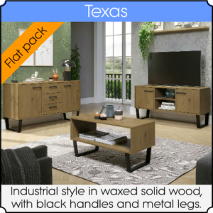 A coffee table, sideboard, and TV unit from the Texas furniture range, in a living room setting.
