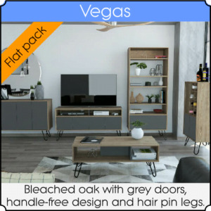 A living room with several items of furniture from the Vegas range. Bleached oak with hair pin legs.