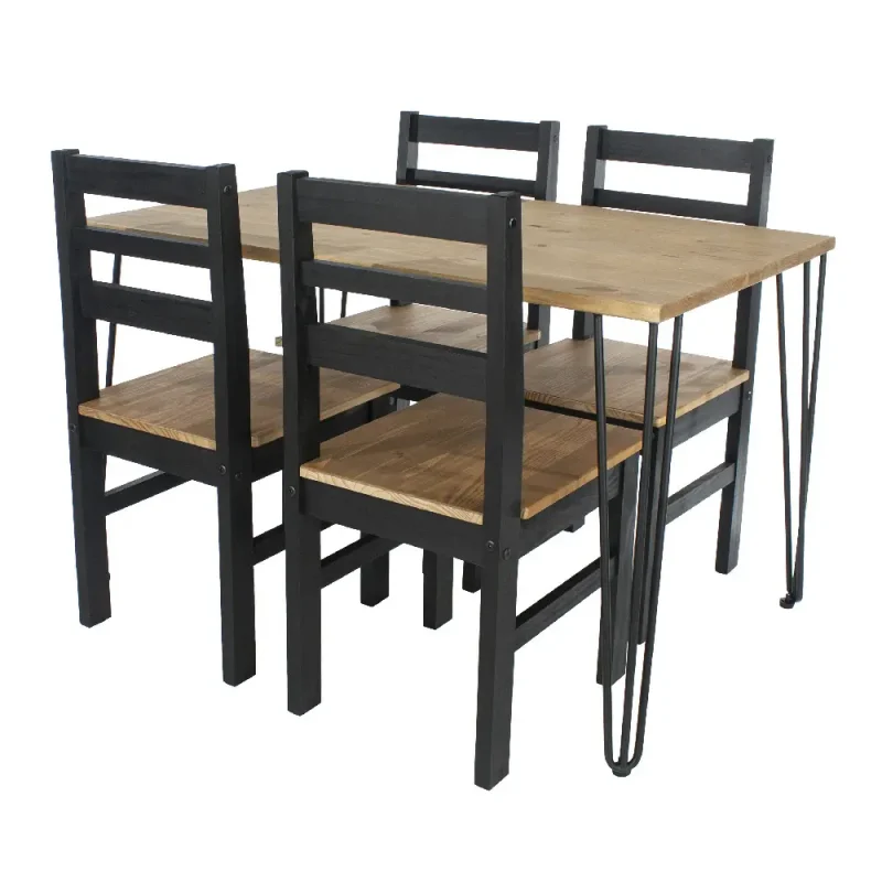 Pine dining table with black metal hair pin legs, 4 chairs in a black wax finish, but the seat pad is left in uncoated pine.