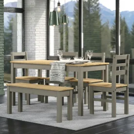 Large dining table with 4 chairs and a bench seat, i a modern dining area setting.