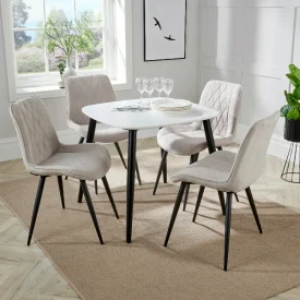 White Square Table & 4 Natural Fabric Chairs [Aspen]