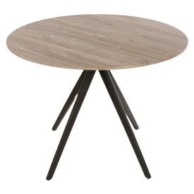 Round wooden dining table featuring a light wood finish and three angled black legs, suitable for modern interiors.