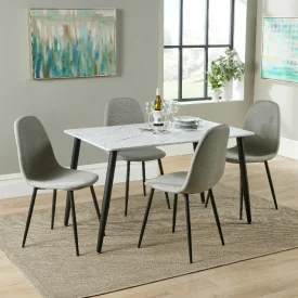 Modern dining table set with marble-effect top and four gray upholstered chairs, featuring sleek black legs and a stylish design.