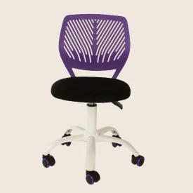 Ergonomic office chair featuring a purple backrest and black seat, designed for comfort and mobility with rolling wheels.