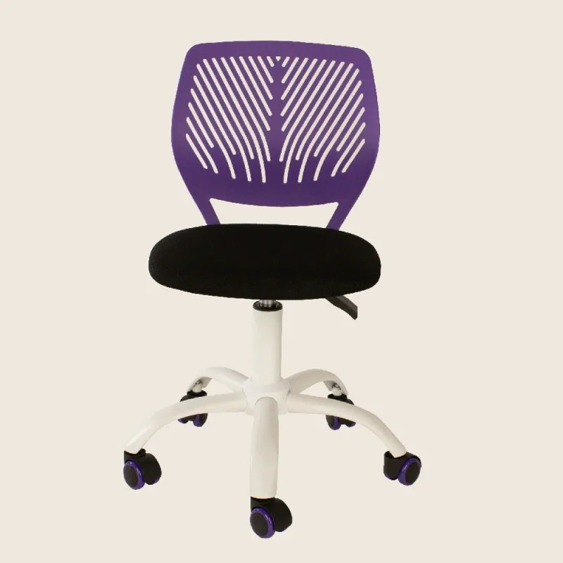 Ergonomic office chair featuring a purple backrest and black seat, designed for comfort and mobility with rolling wheels.