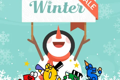 A snowman holding up a sign that says "Winter Sale", below, the number "2025" is dancing.