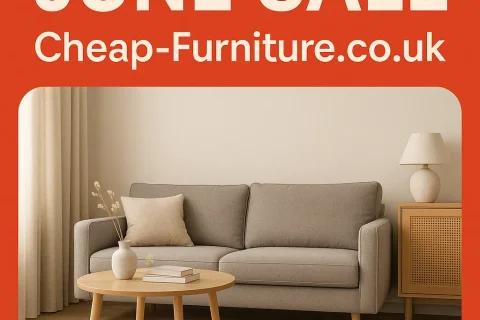 Image of a sofa and coffee table, bearing the text "JUNE SALE" and "Cheap-Furniture.co.uk".