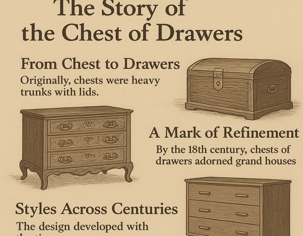 A history of the chest of drawers in images. Shows 3 different generations in sepia tone.