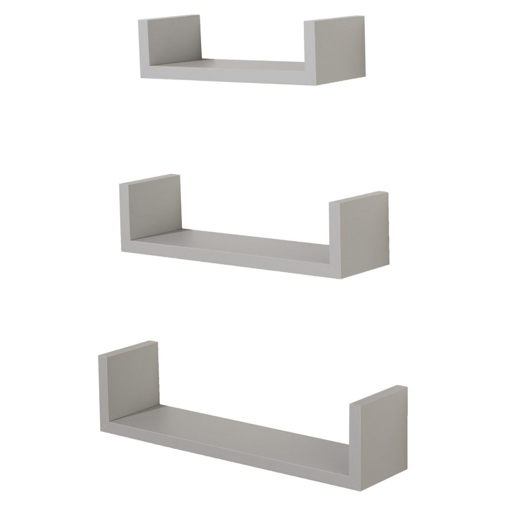 Light Grey Set of 3 'U' Shape Floating Shelf Kit [Hudson]