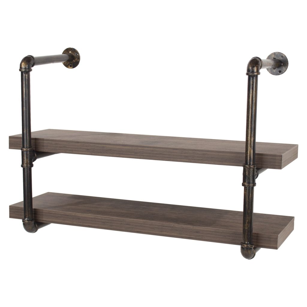 Oak Effect 60cm Double Wall Shelf with Pipe Brackets [Loft]
