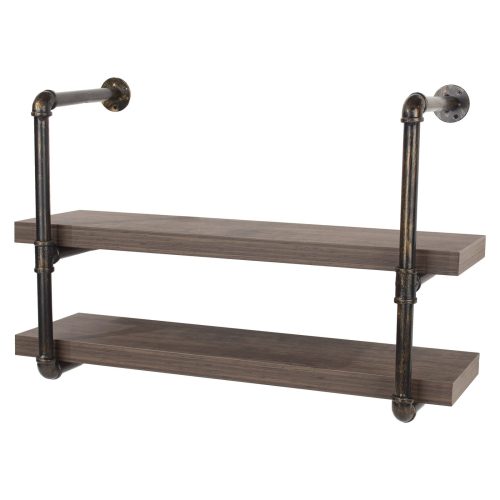 Oak Effect 60cm Double Wall Shelf with Pipe Brackets [Loft]