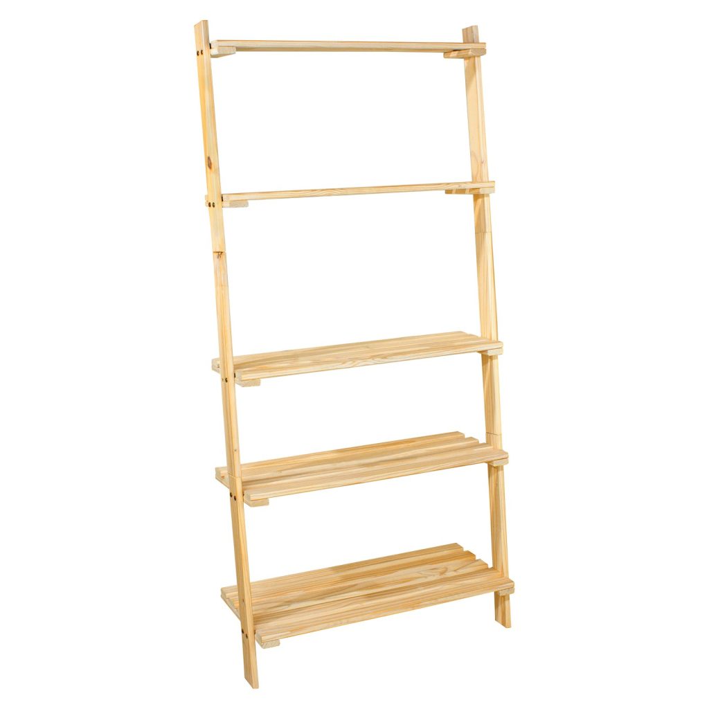 Natural Pine Ladder Design Shelf Unit with Slatted Shelves [Shelco]